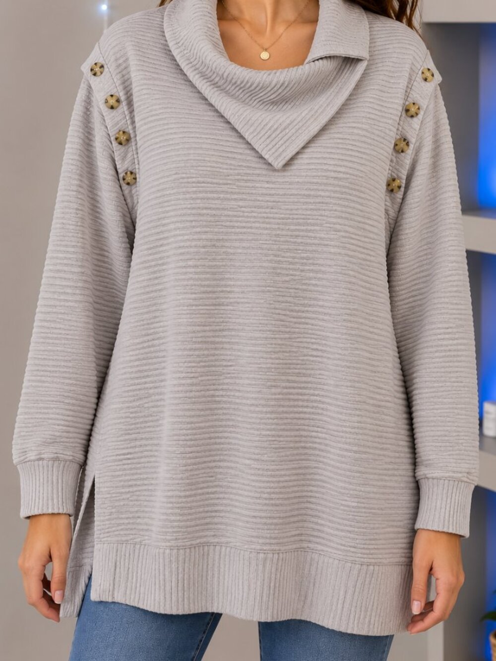 New York Laundry XL Gray Ribbed Cowl Neck Button Detail Tunic Top